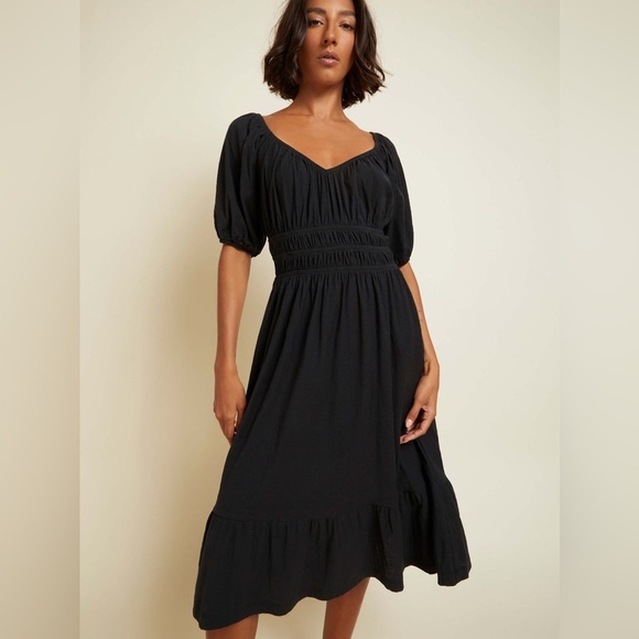 Nation LTD Fabia Shirred Midi Dress - Jet Black - Size Small - Picture 1 of 11
